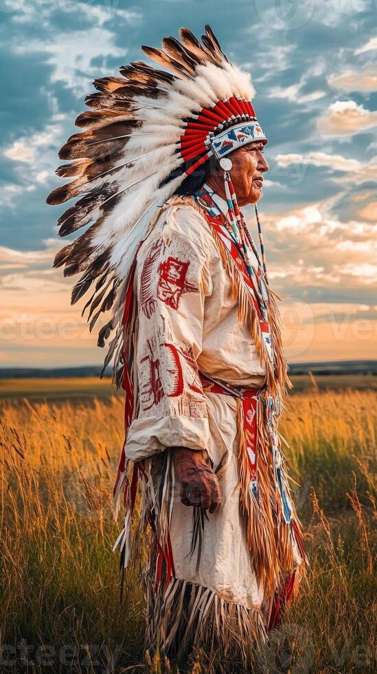 Native American Chief Profile in Traditional Attire photo