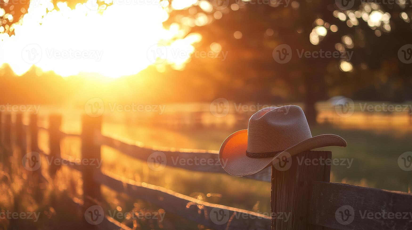Golden Sunset Countryside with Cowboy Hat on Fence Post photo