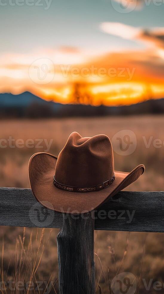 Cowboy Hat at Sunset on a Rustic Fence photo