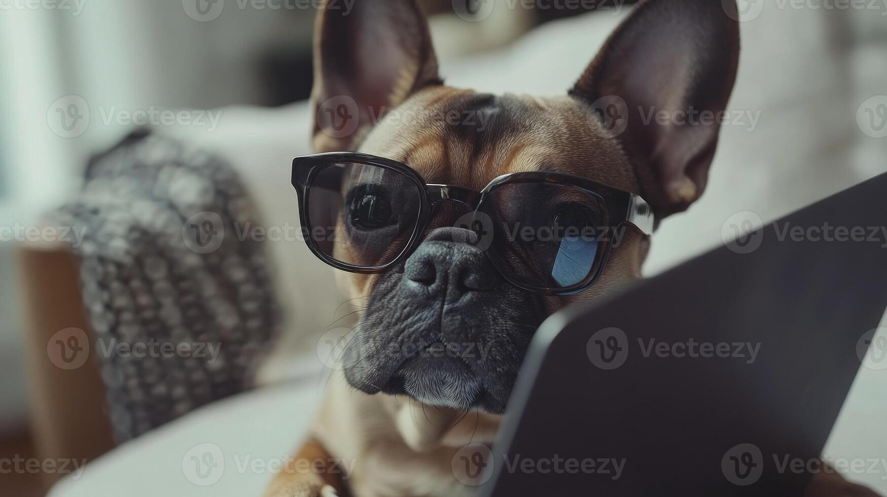 French Bulldog with Glasses on Laptop - Adorable Pet photo