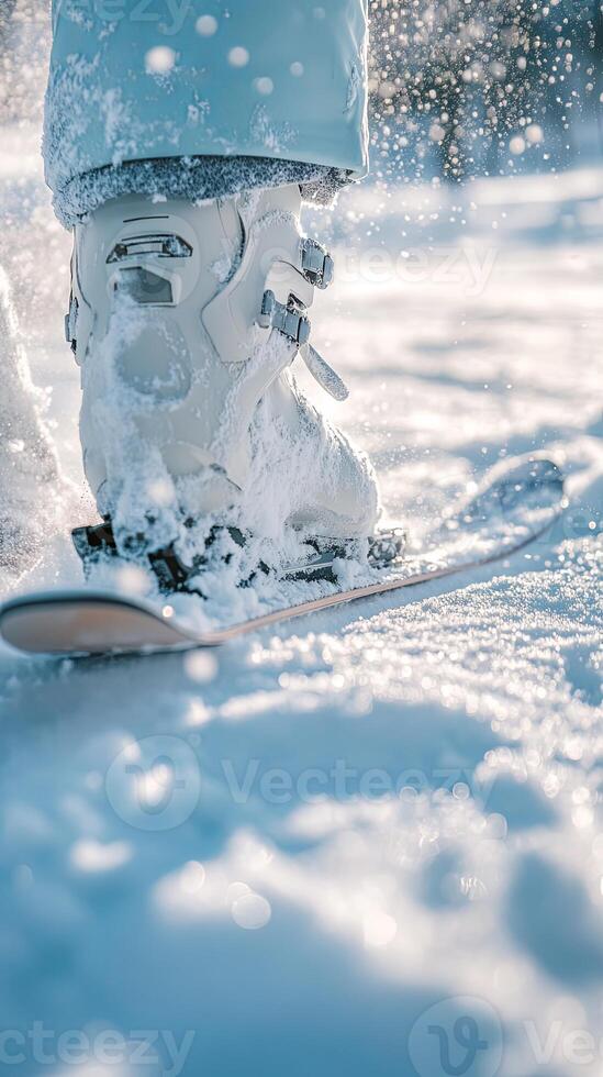 Close-up of a skier's boot on the snow, winter sports photo