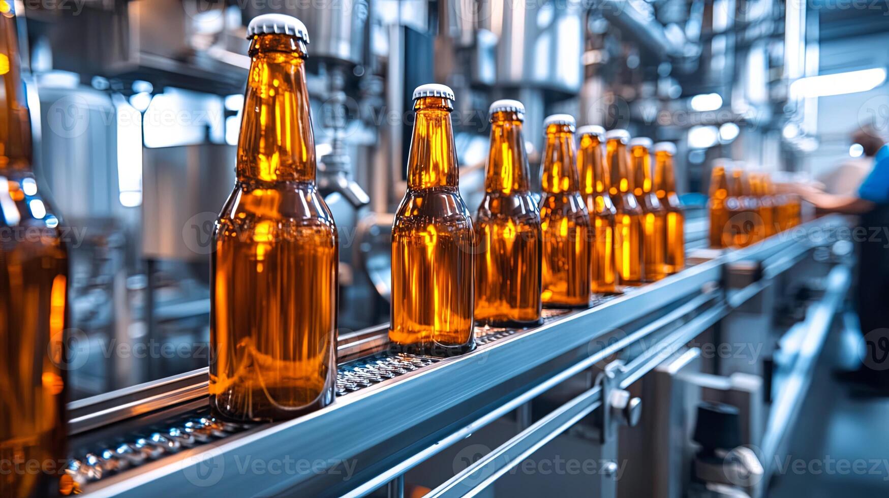 Bottling Process Conveyor Belt with Glass Bottles in a Brewery photo