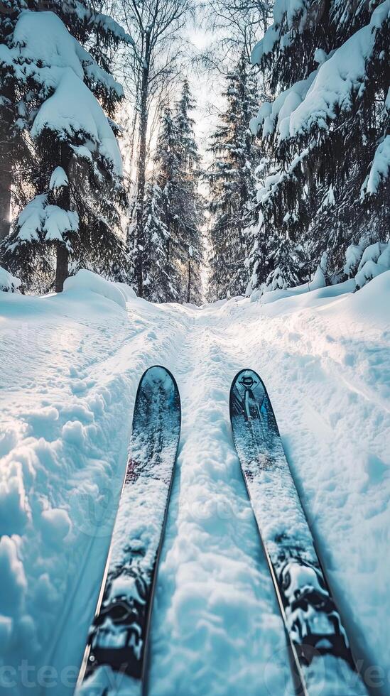 Skiing Through a Snowy Forest Path in Winter photo