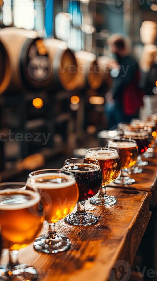 Craft Beer Tasting A Selection of Golden Beers on a Wooden Table photo