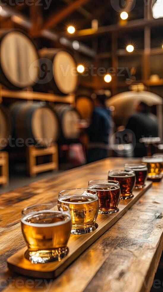 Craft Beer Tasting Flight on Wooden Table in Brewery photo