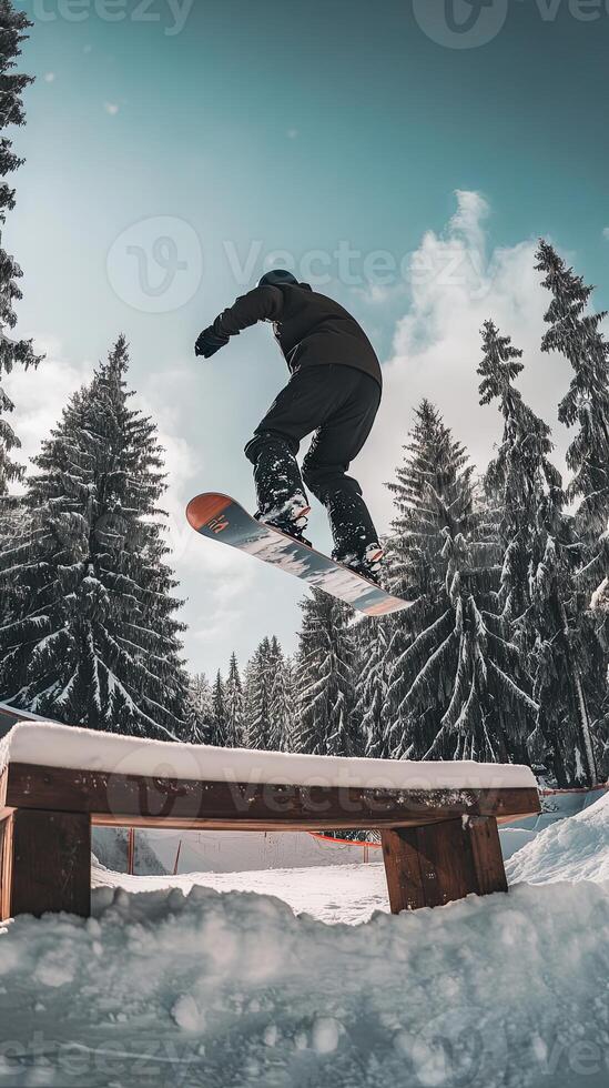 Snowboarder Jumping Over Bench in Snowy Mountains photo