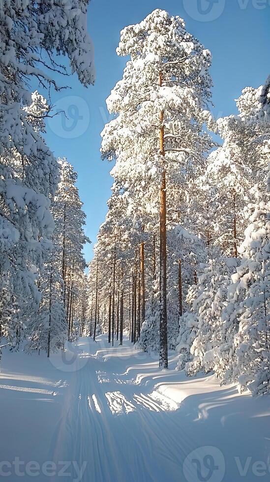 Winter wonderland with snowy forest path photo