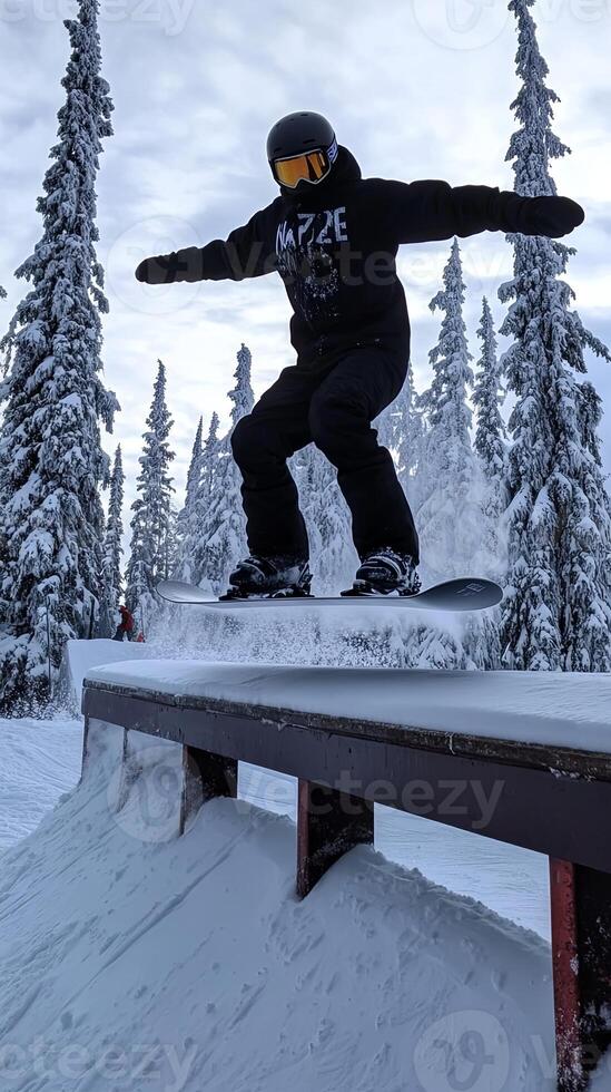 Snowboarder Jumping Over Rail in Snowy Mountain photo