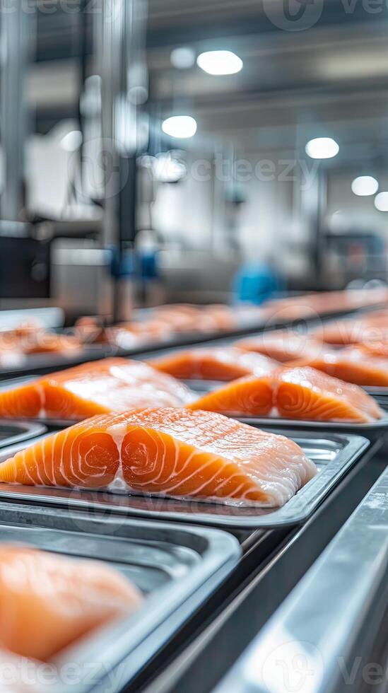 Salmon Fillets on a Conveyor Belt in a Food Processing Plant photo