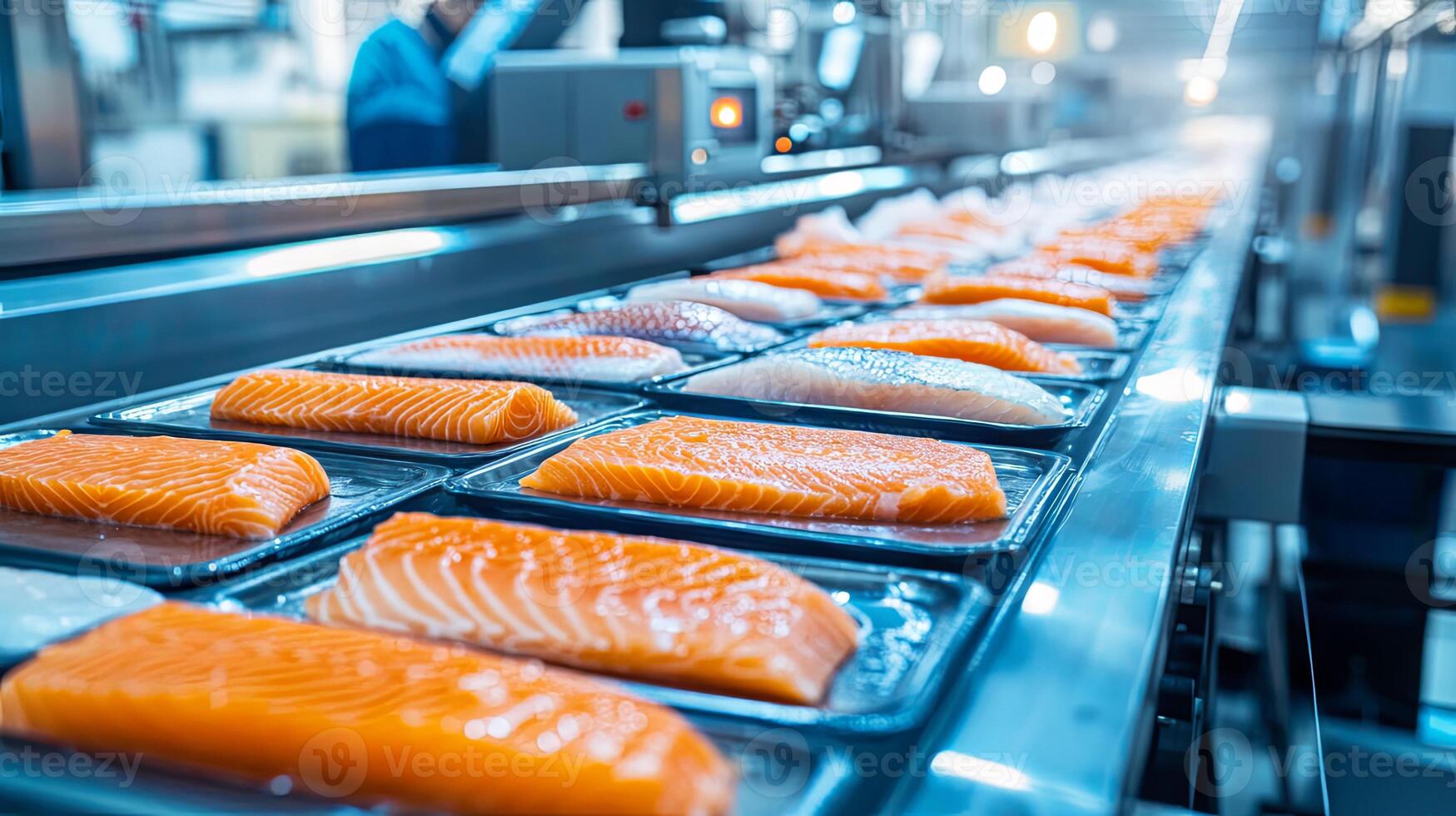Conveyor belt with raw salmon in production photo