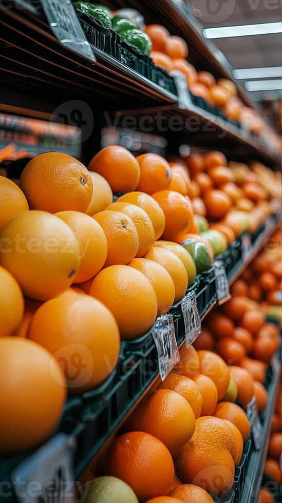 Fresh Oranges on Grocery Store Shelf photo