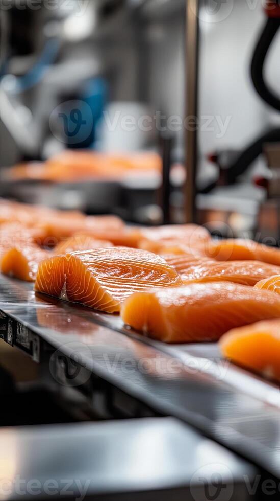 Fresh Salmon Fillets on Conveyor Belt in Food Processing Plant photo