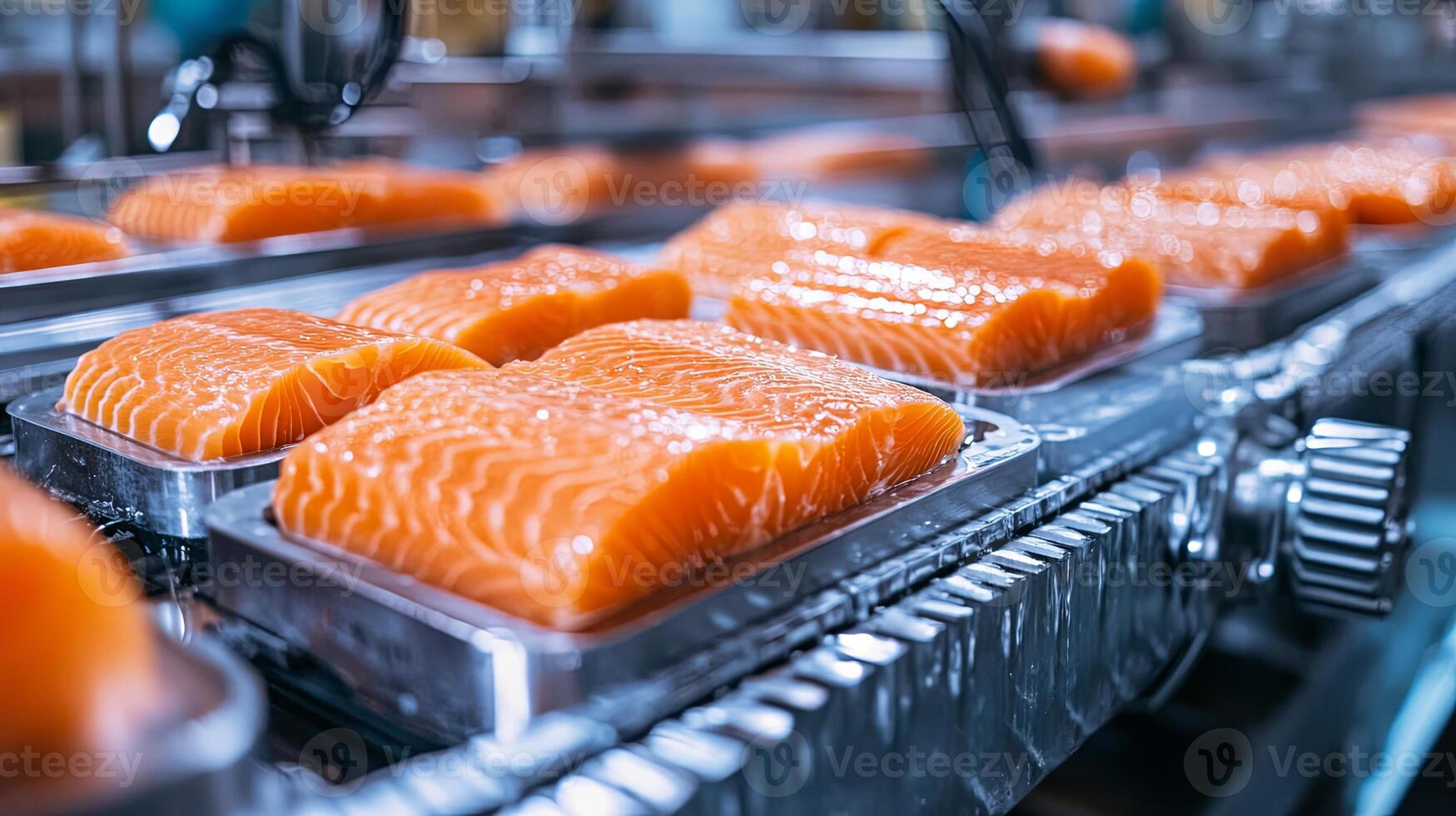 Salmon Fillets on a Conveyor Belt in a Food Processing Factory photo