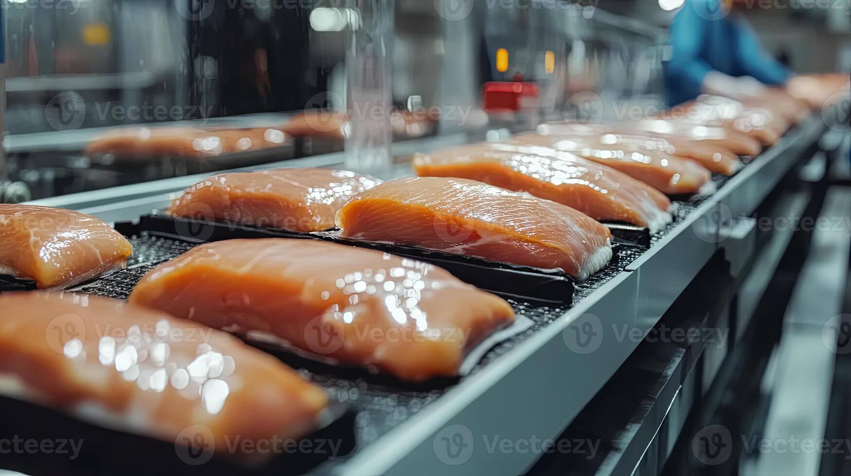 Salmon Fillets on Conveyor Belt in Food Processing Plant photo