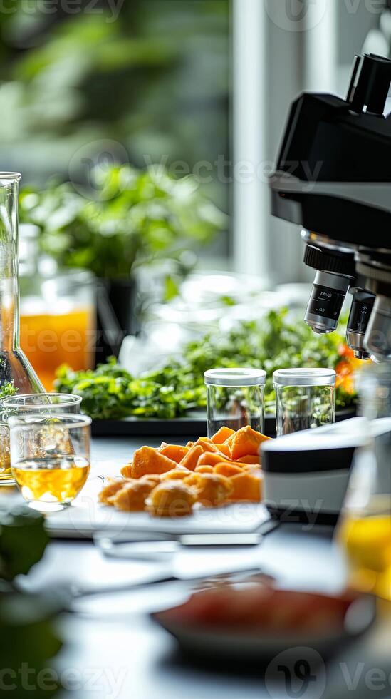 Close-up of a Microscope and Orange Slices in a Science Lab Setting photo