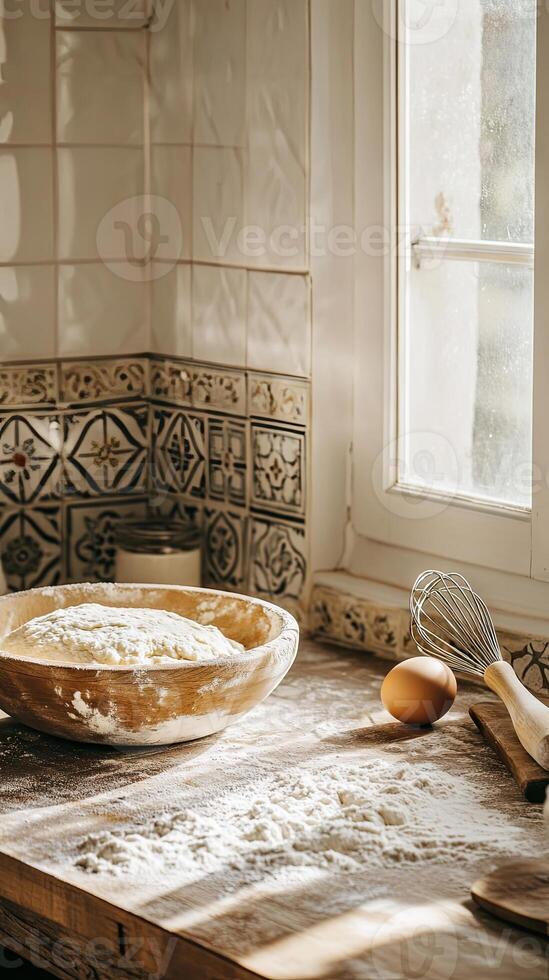 Rustic Kitchen Counter with Fresh Dough and Baking Supplies photo