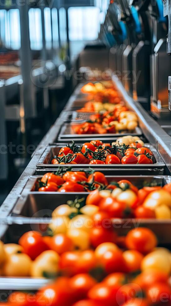 Fresh Tomatoes on a Conveyor Belt in a Food Processing Factory photo