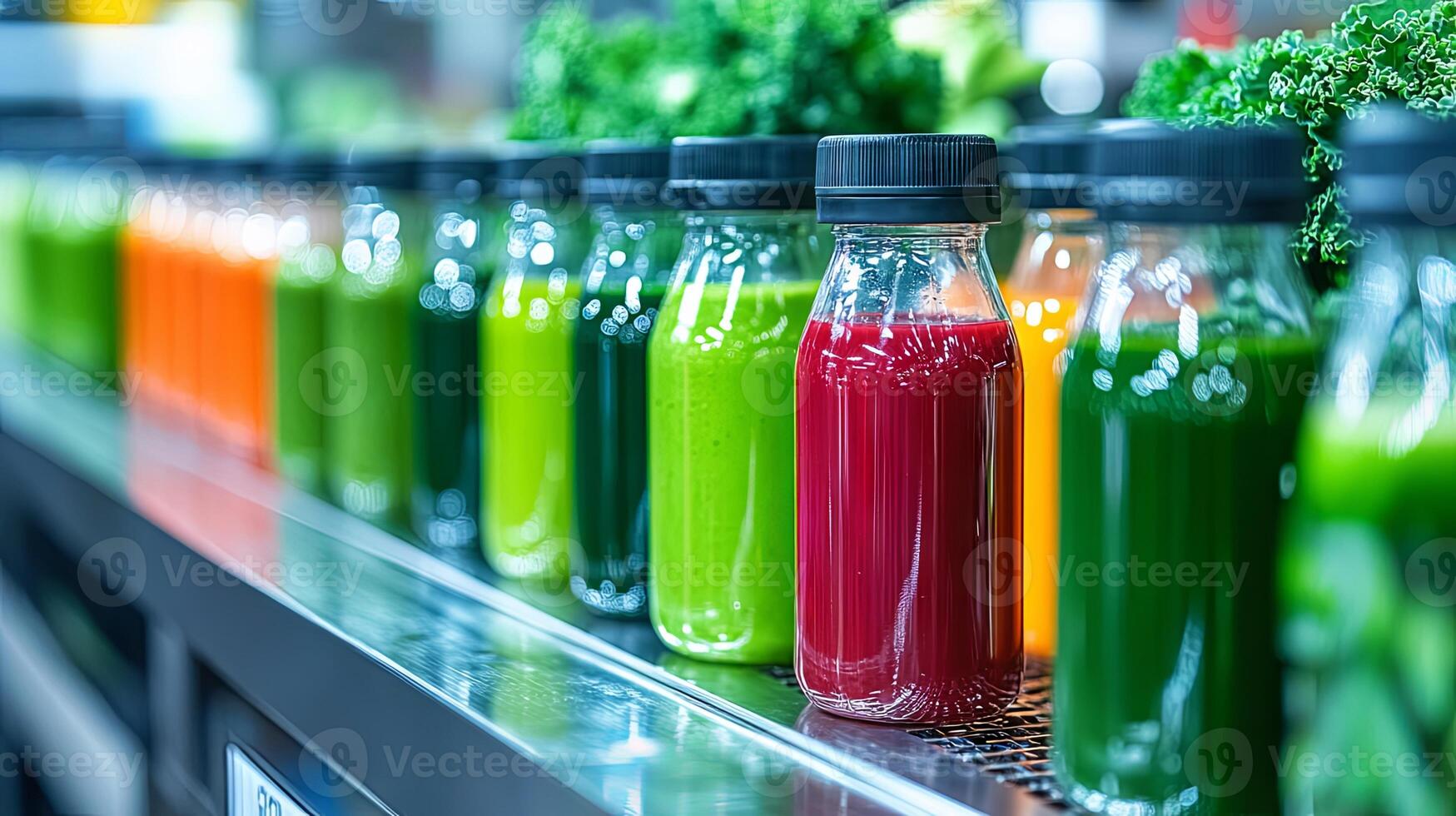 Colorful Fresh Juices in Glass Bottles on a Shelf Display photo