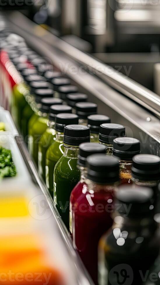 Close-Up of Freshly Made Juice Bottles in a Row photo