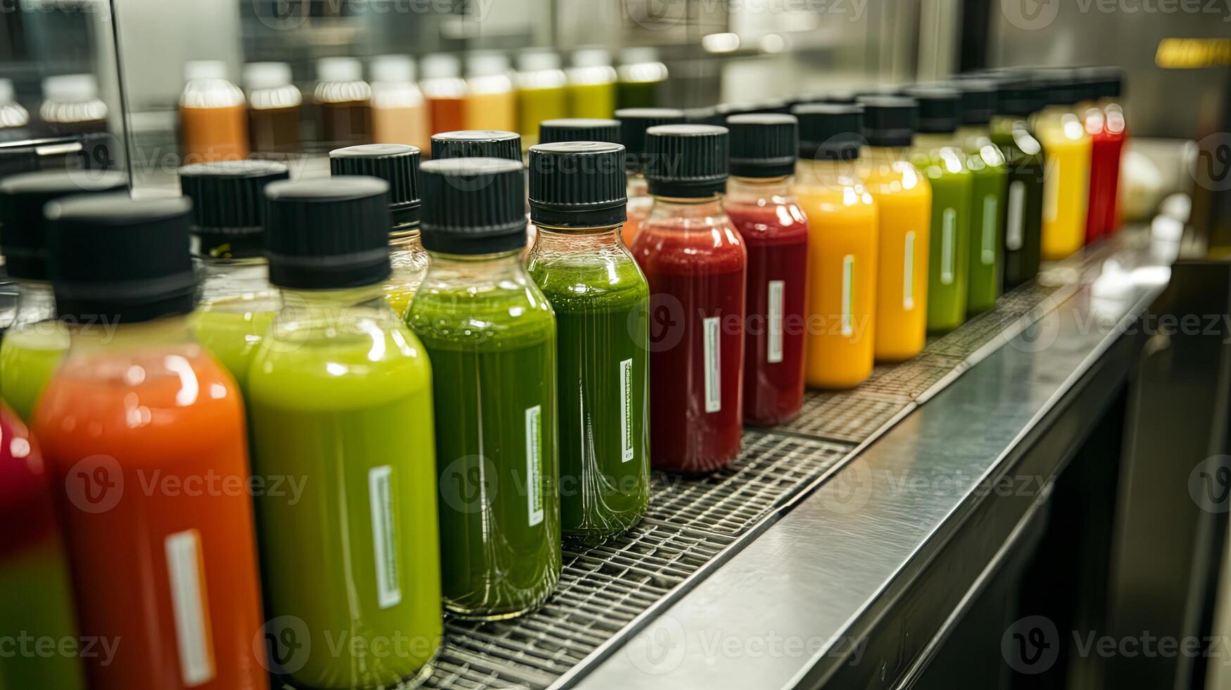 Vibrant Juice Bottles on a Metal Shelf photo
