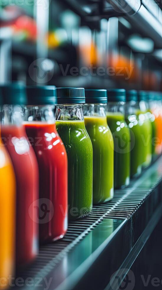 Colorful Fresh Juice Bottles on Shelf Healthy Drinks photo
