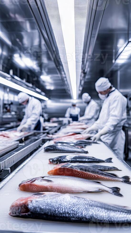 Fresh Salmon Fillets on a Conveyor Belt in a Modern Fish Processing Facility photo