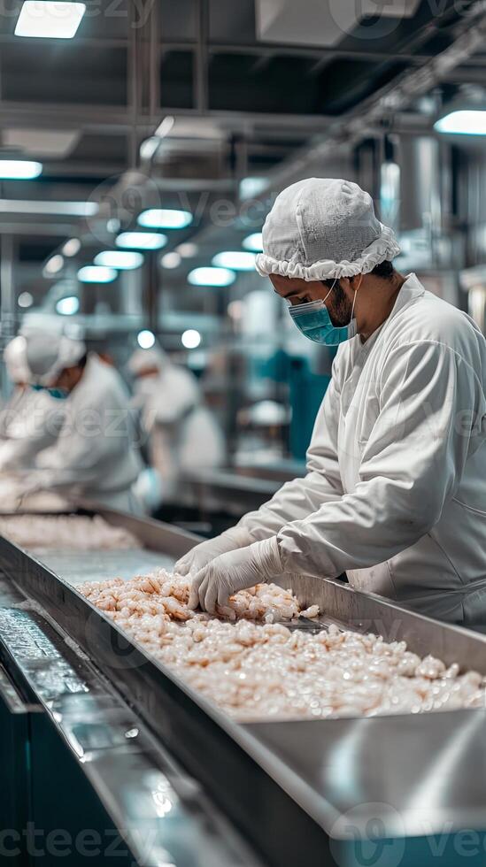 Worker in a Food Processing Factory Handling Shrimp on a Conveyor Belt photo