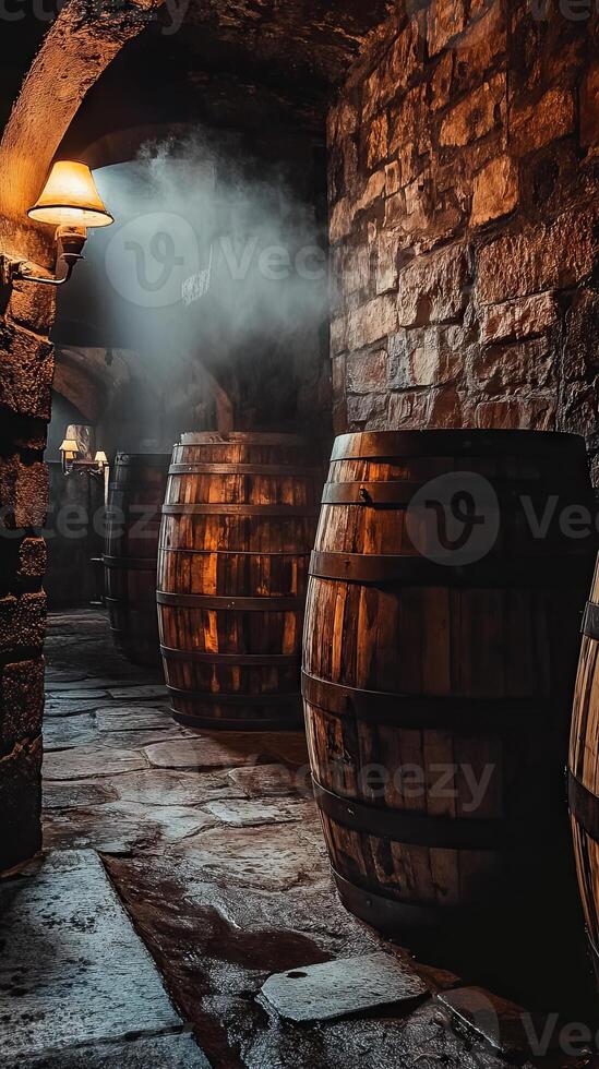 Rustic Wine Cellar with Wooden Barrels and Stone Walls photo