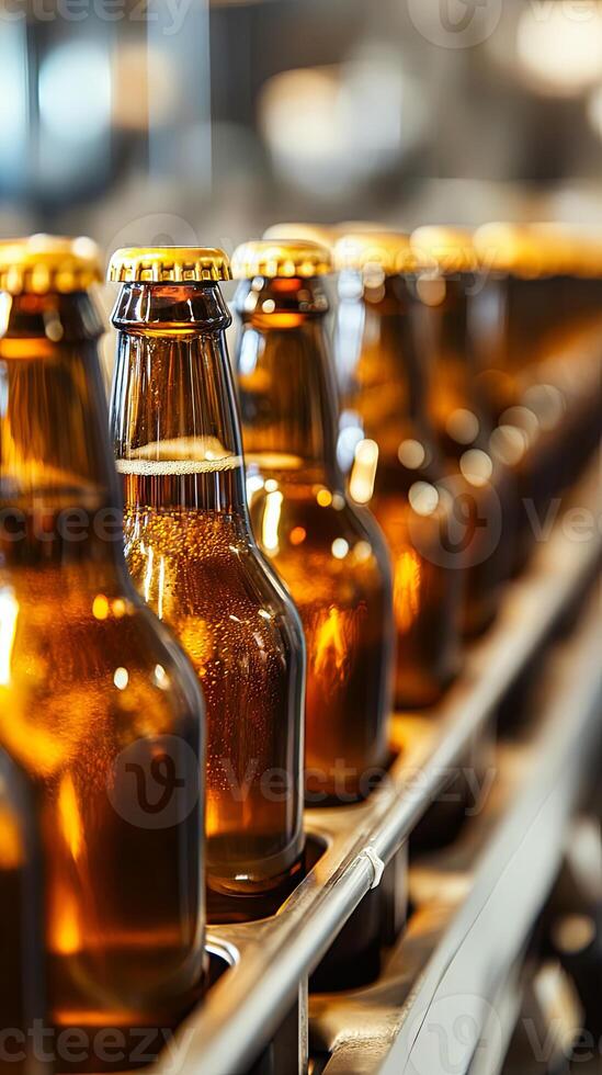 Close-up of Beer Bottles on a Conveyor Belt in a Brewery photo