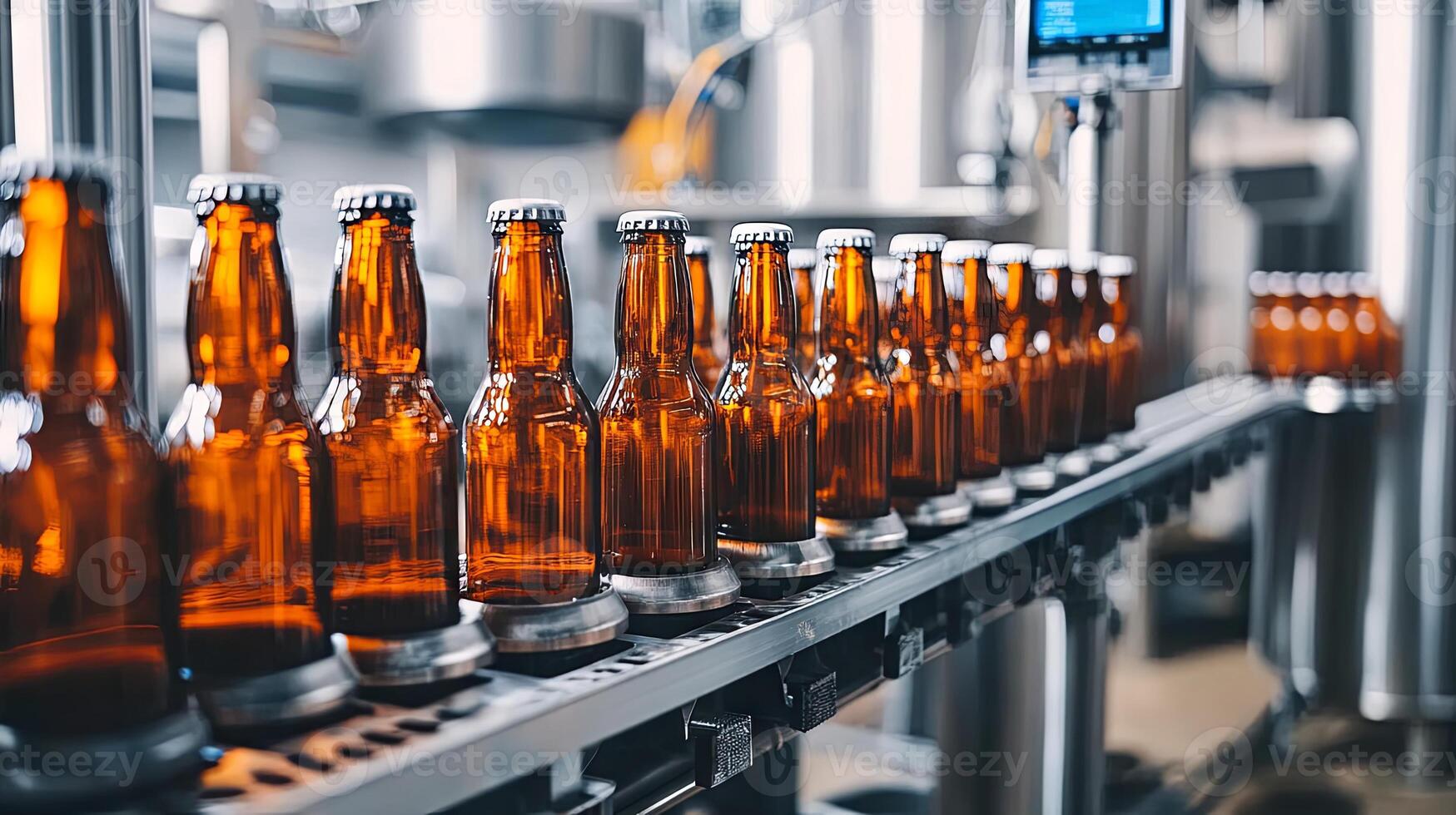 Bottling Line Beer Bottles on Conveyor Belt in Brewery photo