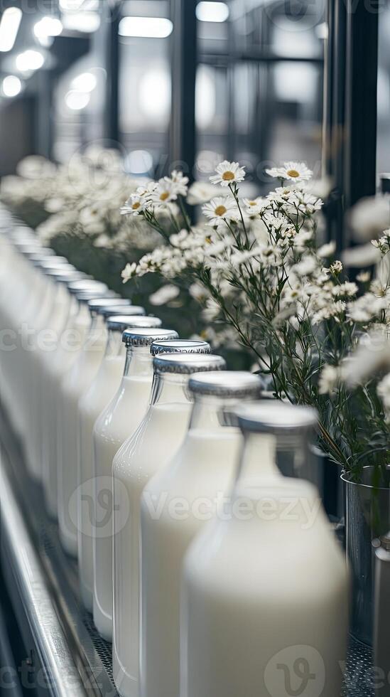 Milk Bottles on a Conveyor Belt in a Dairy Factory photo