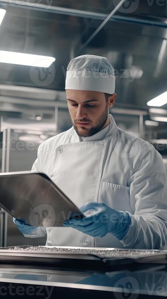 Chef in Uniform Preparing Food in a Kitchen photo