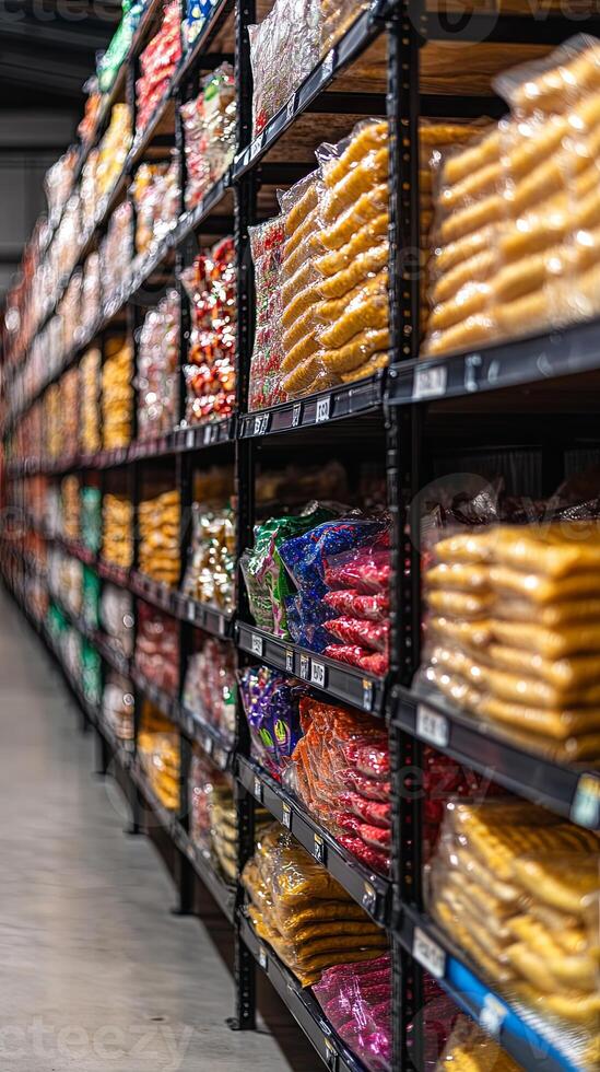 Grocery Store Aisle with Stacks of Products photo