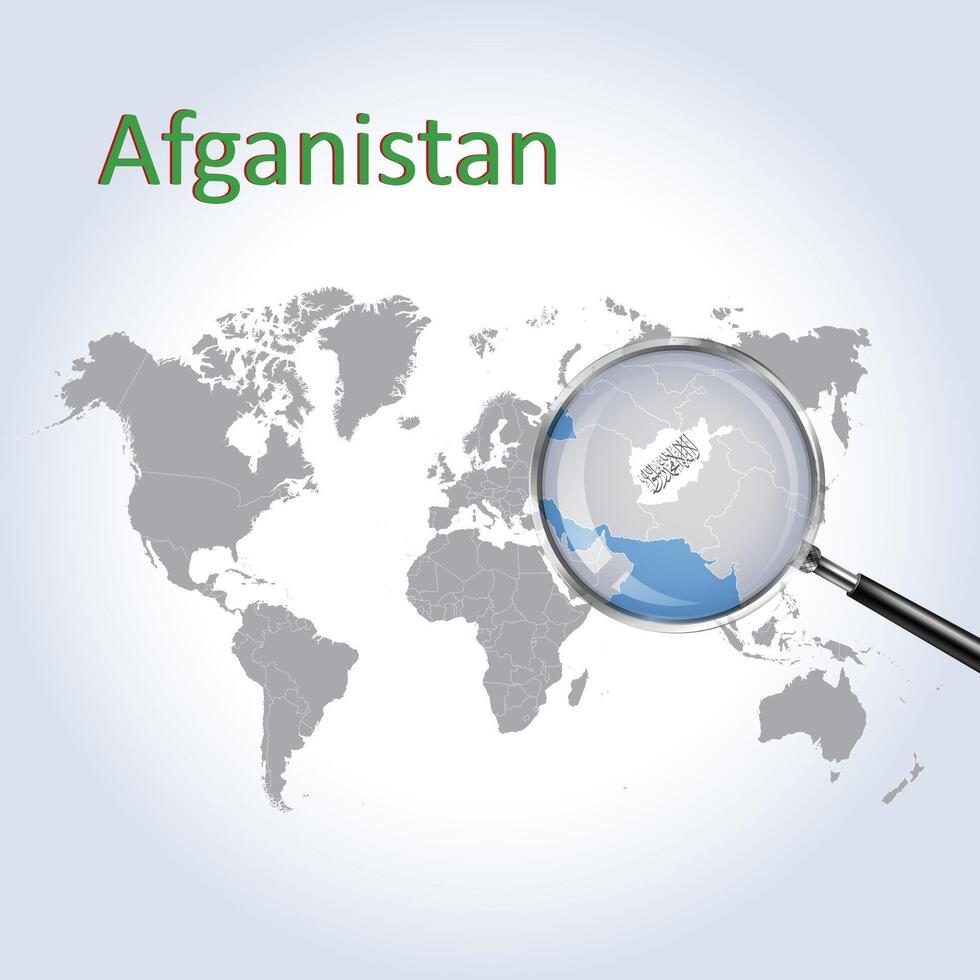 Afghanistan on magnifying glass on the World Map, Zoom Afghanistan map with gradient background and Afghanistan flag on map vector