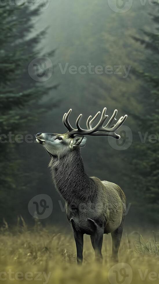 Stag in Misty Forest Sunrise photo
