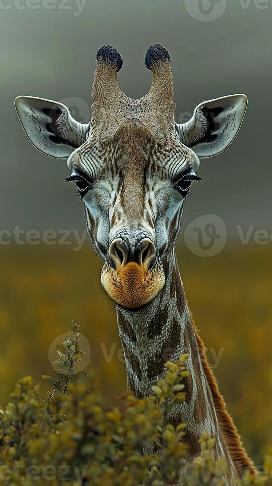 Tall Giraffe Grazing in Savanna photo