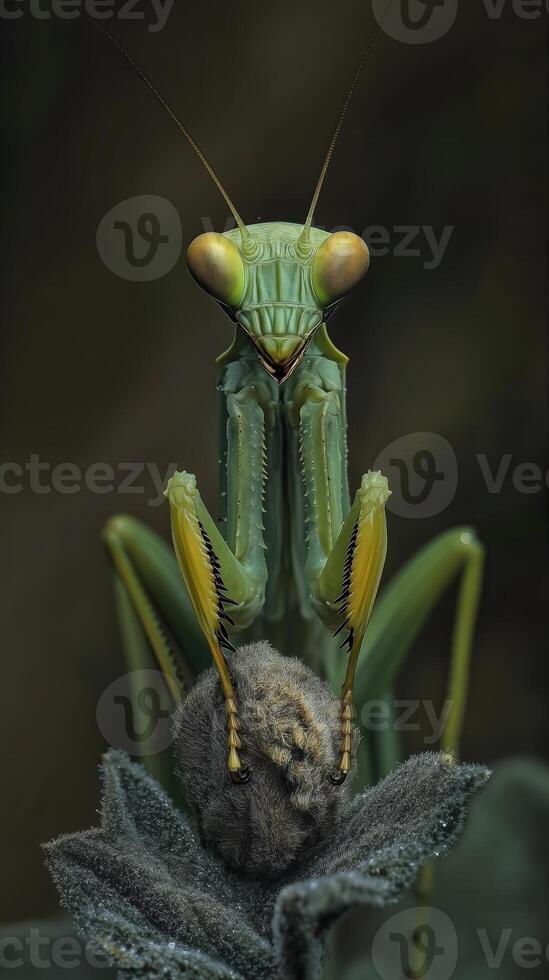 Praying Mantis on Green Leaf photo