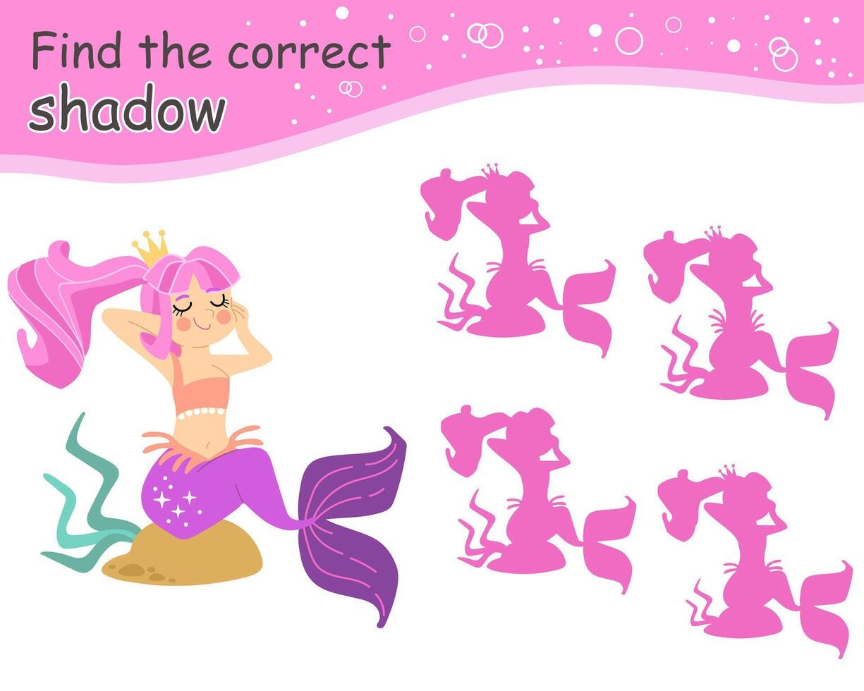 Find correct shadow cute mermaid character. Educational matching game for children. Find correct silhouette. Activity, logic game, printable worksheet with task for kids. isolated illustration vector