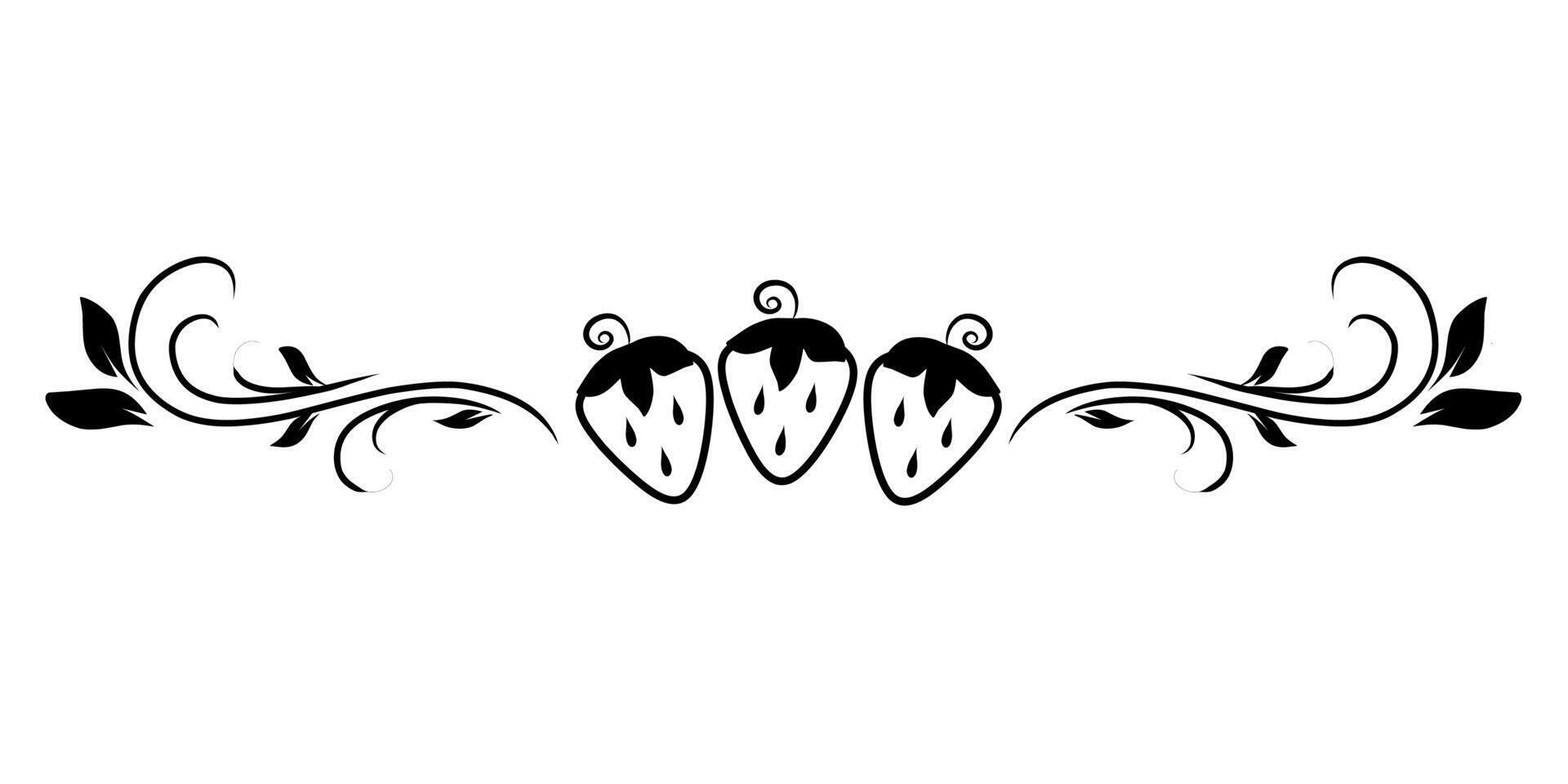 Cute strawberry divider border line art with swirls and leaf pattern vector