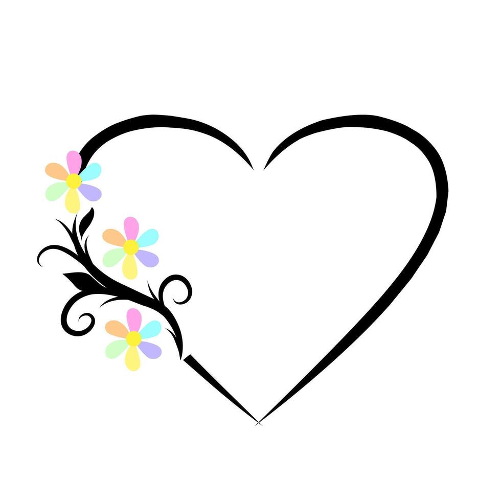 Black heart shape frame border decorated with floral colorful petal and swirl pattern graphic illustration vector