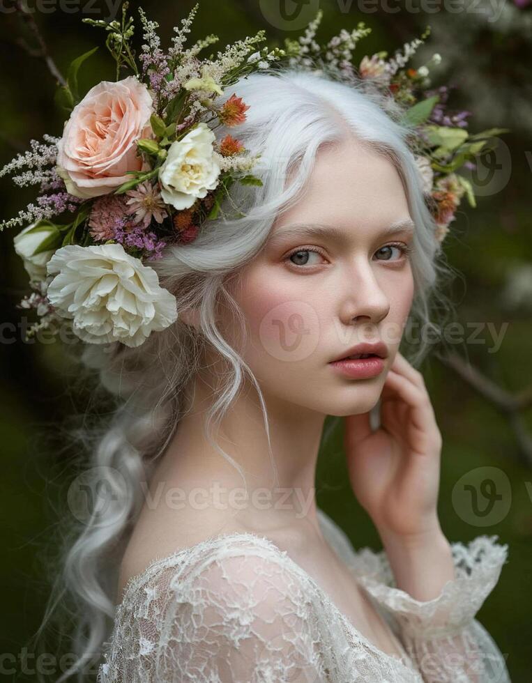 A young woman with a dreamy and charming appearance photo