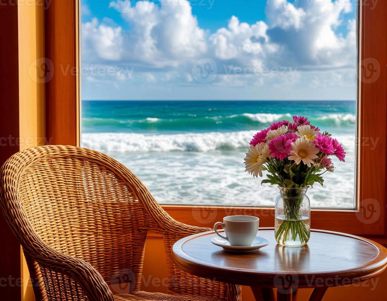Room with large window, ocean view photo