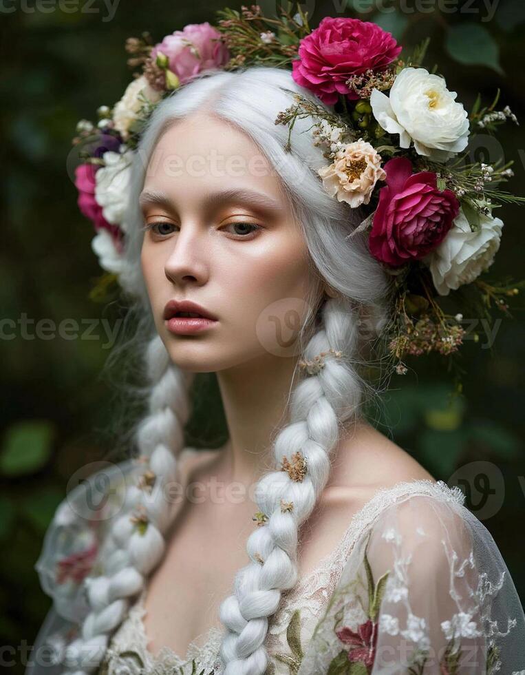 Young woman with long white hair braided into pigtails photo