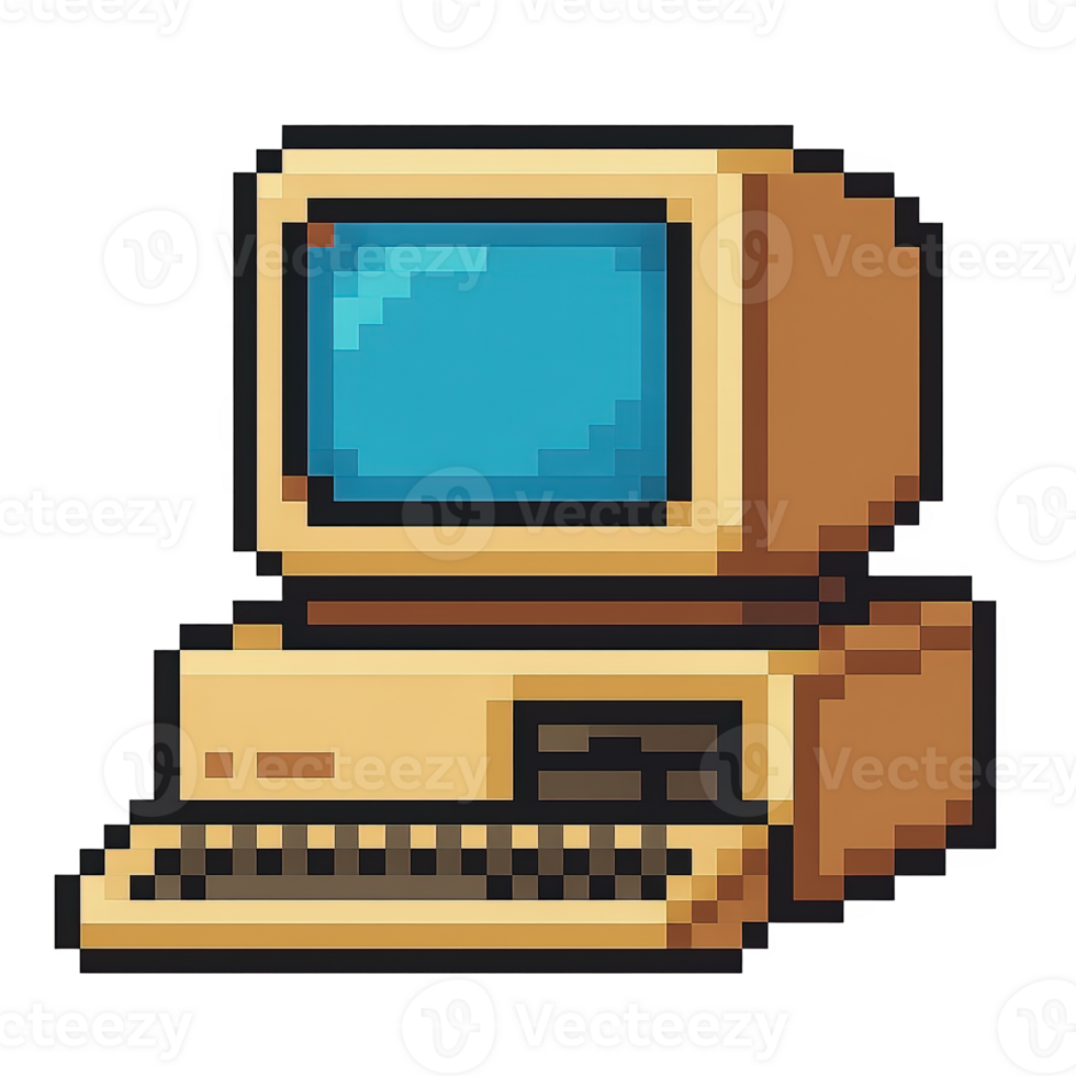 Pixel art vintage desktop computer icon isolated, retro gaming graphics, technology illustration, digital asset for web and blog design png