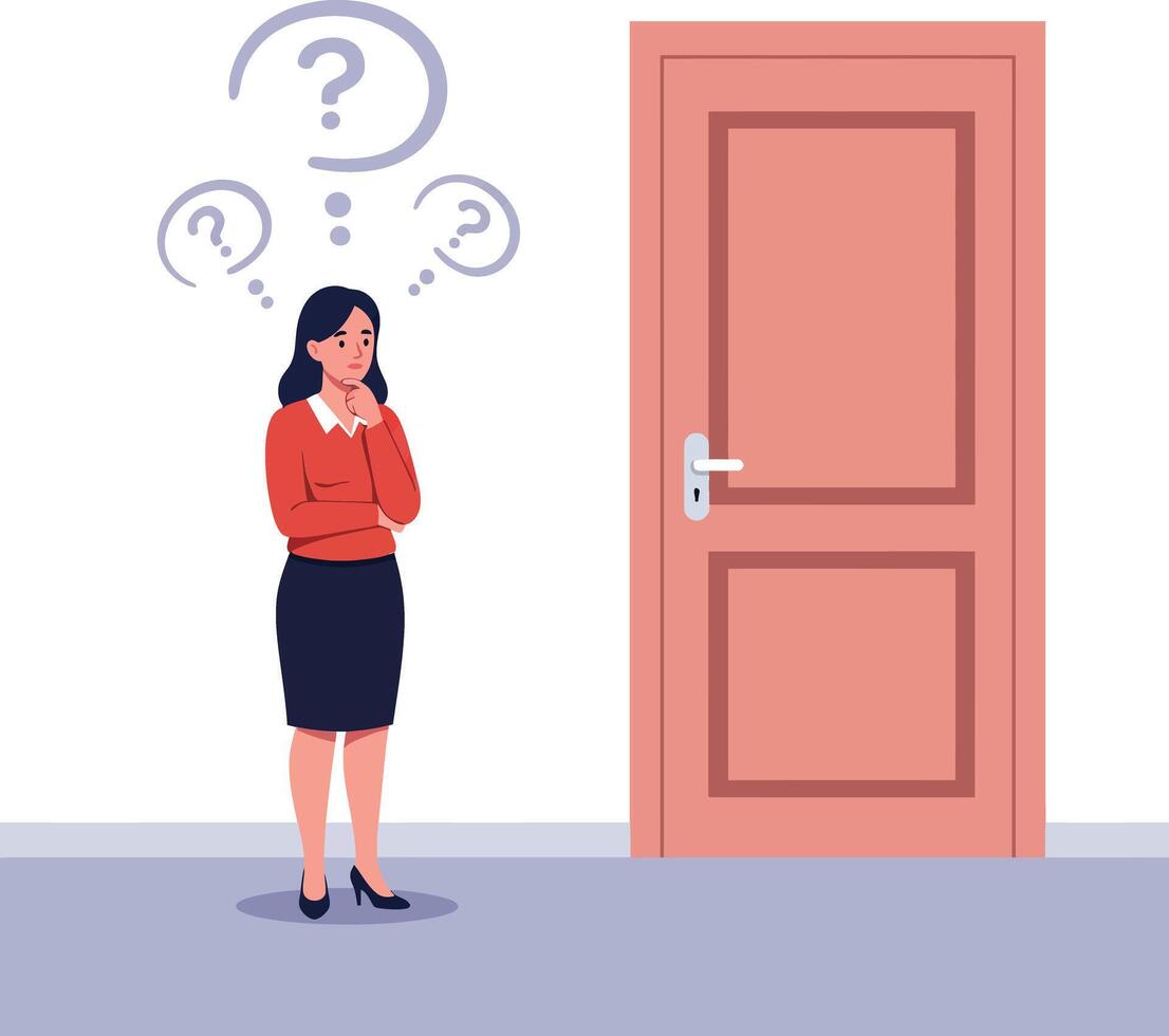 Woman in red sweater standing thoughtfully near closed wooden door with question marks above head in flat design illustration vector
