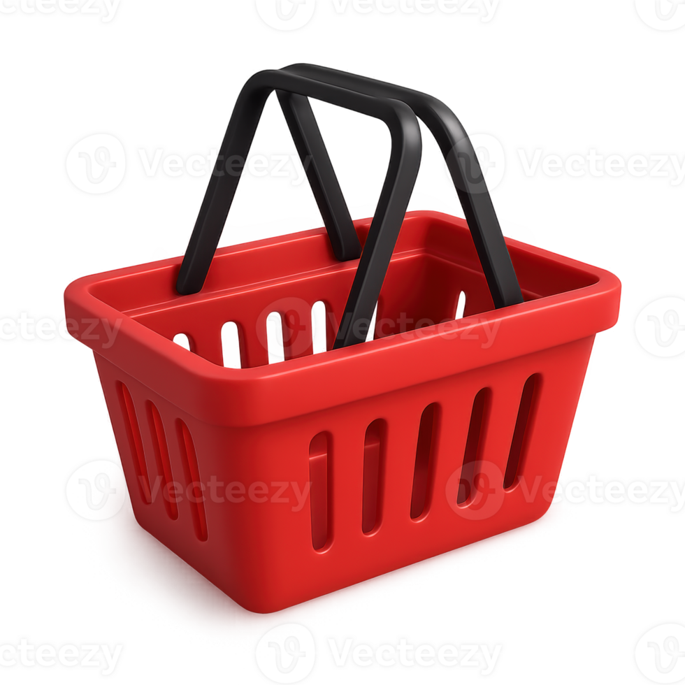 red 3d shopping basket icon with black handles, ideal for retail app design, digital commerce, and user interface development png