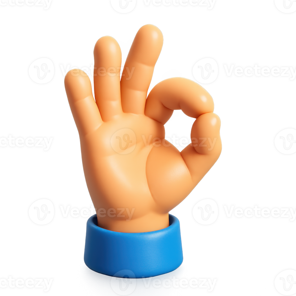 3d ok hand icon with blue cuff, symbolizing agreement, fine status, satisfaction and confirmation for business uses png