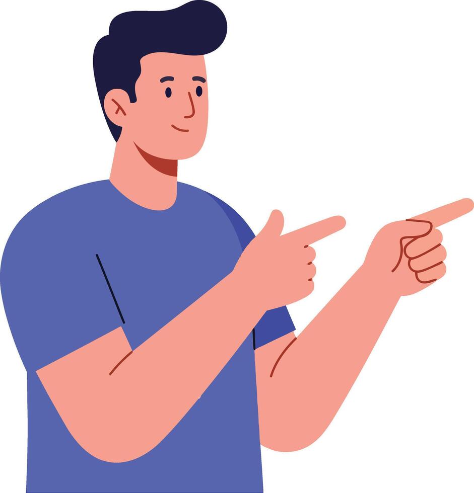 Young man with dark hair pointing to the side wearing blue t-shirt in flat design illustration vector