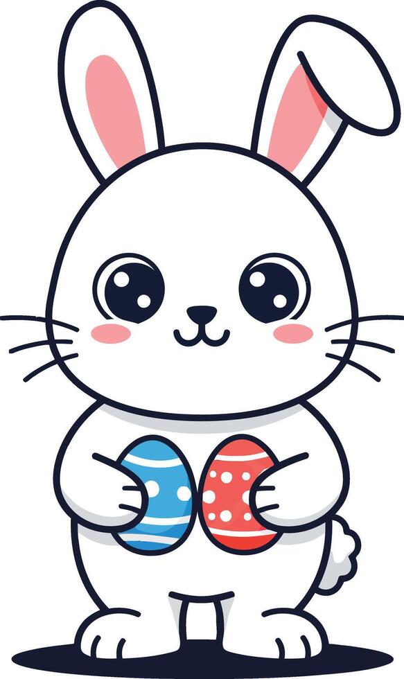 Cute white bunny holding decorated Easter eggs in flat minimal style illustration vector
