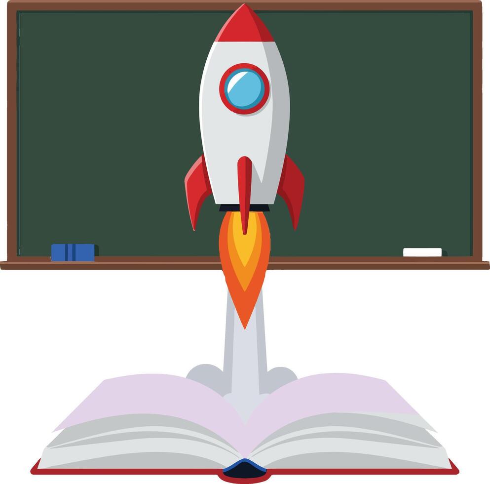 Rocket launching from open book with chalkboard background in flat colorful educational illustration vector